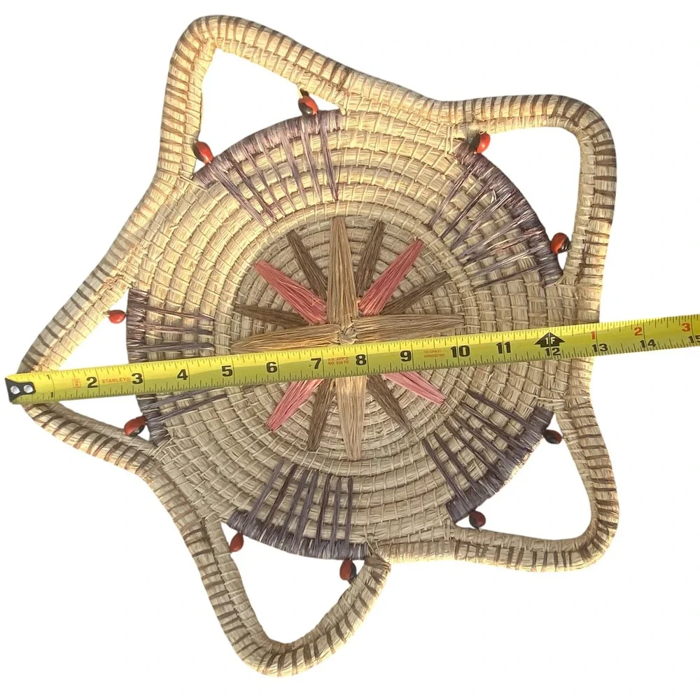 Handcrafted Woven Grass Star Basket Sunburst Wall Decor Boho Fiber Art Beads 14